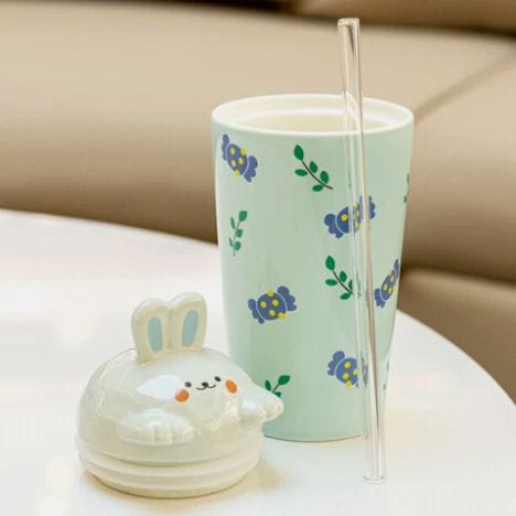 Kawaii Bunny Ceramic Mug with 3D Rabbit Lid & Straw | Cute Pastel Coffee Cup