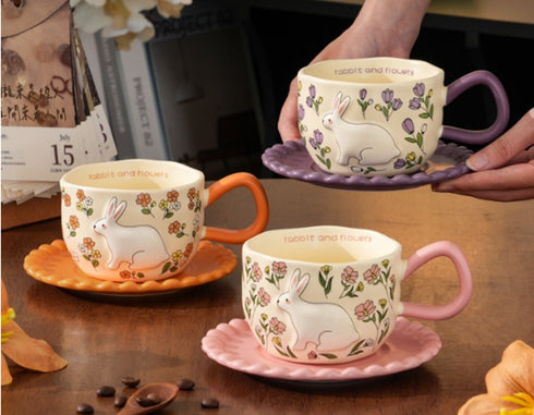 3D Embossed Rabbit & Floral Ceramic Coffee Mug with Scalloped Saucer Set