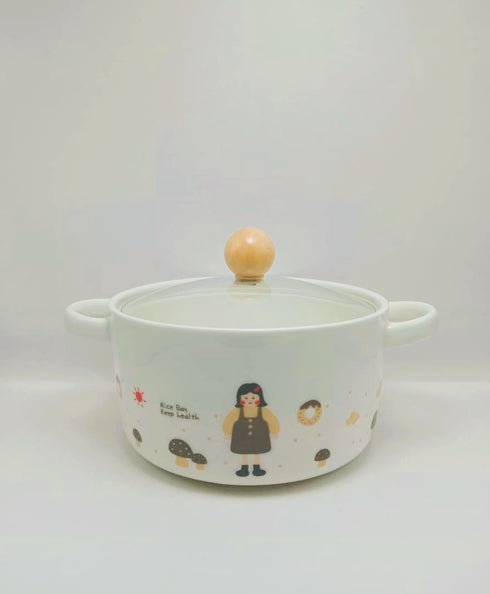 Kawaii Cartoon Ceramic Ramen Bowl with Glass Lid