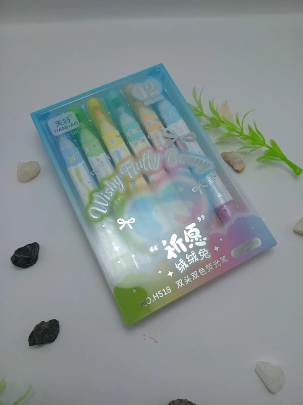 Kawaii "Wishy Fluffy Bunny" Dual-Tip Highlighter Set – 6 Pcs Dual-Color Markers