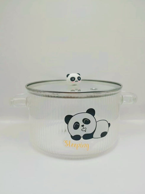Cute Panda Ribbed Glass Serving Bowl with Lid