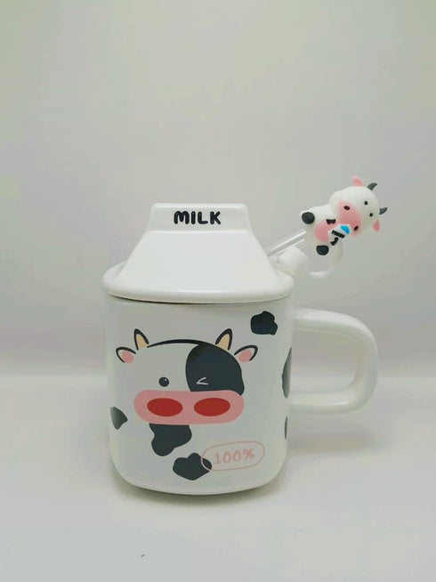 Modern 3D Cow Pattern Ceramic Mug with Lid and Glass Straw