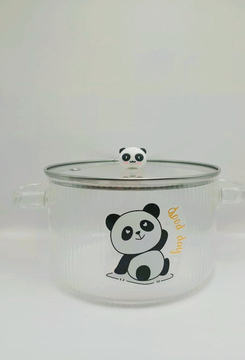 Cute Panda Ribbed Glass Serving Bowl with Lid