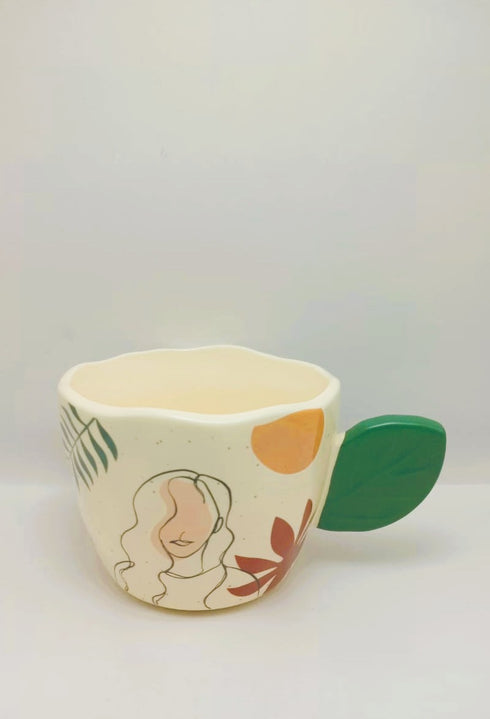 Artistic Ceramic "Lady Silhouette" Mug with Sculpted Leaf Handle