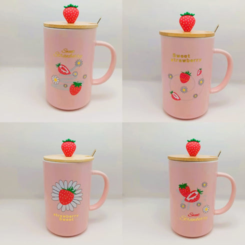 Sweet Strawberry Pink Ceramic Mug – Complete Set with Lid & Spoon
