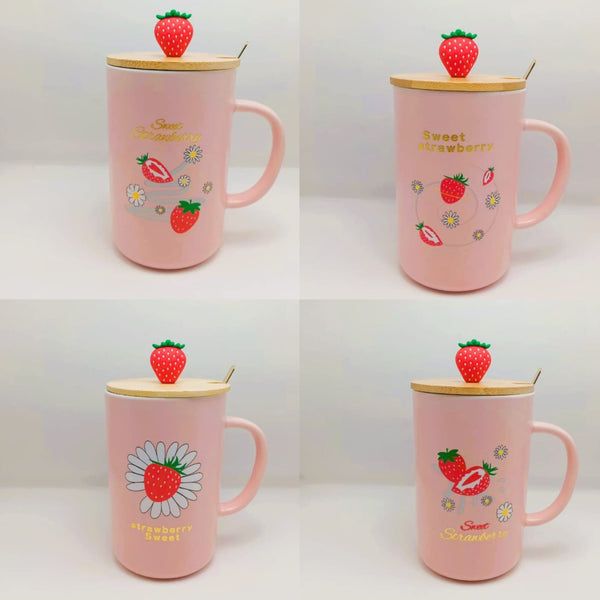 Sweet Strawberry Pink Ceramic Mug – Complete Set with Lid & Spoon