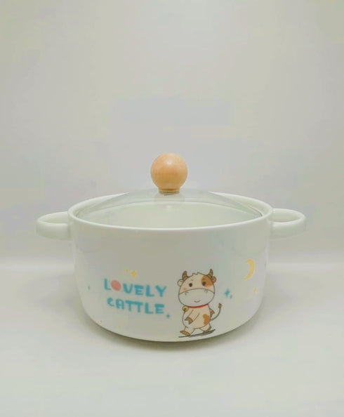 Lovely Cow Ceramic Ramen Bowl with Glass Lid