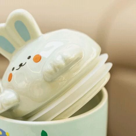Kawaii Bunny Ceramic Mug with 3D Rabbit Lid & Straw | Cute Pastel Coffee Cup