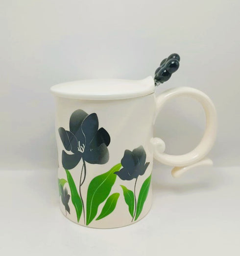 3D Relief Tulip Ceramic Mug Set with Lid and Floral Spoon – Vintage Handmade Coffee Cup