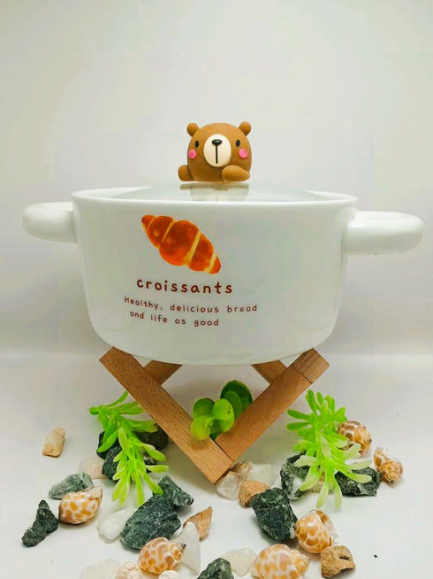 Kawaii "Little Bear" Ceramic Noodle Bowl with Glass Lid