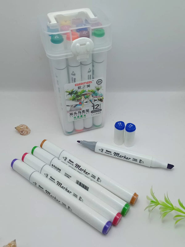 Dual-Tip Alcohol Markers Set (12 Colors) – Professional Art Sketch Markers with Carry Case