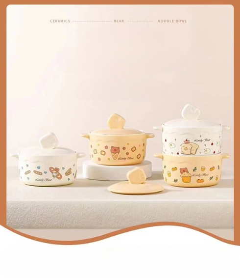 Bear Cheese Ceramic Ramen Bowl with Lid - 1000ml Porcelain Soup & Noodle Bowl with Handles