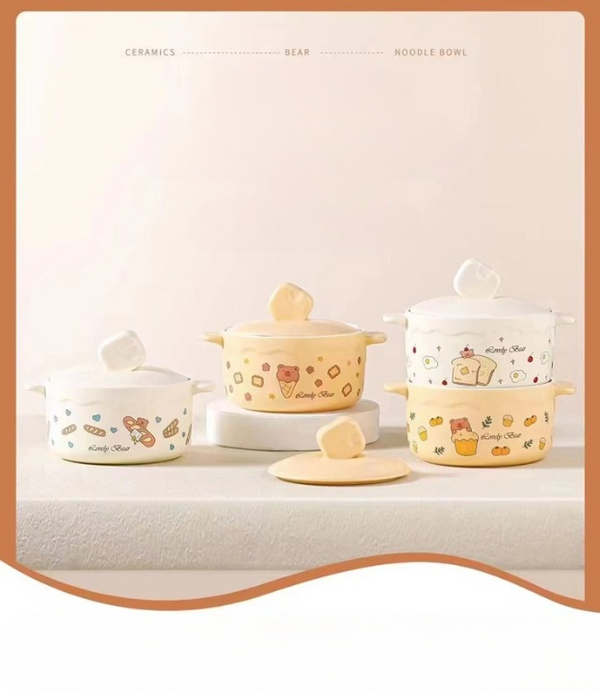 Bear Cheese Ceramic Ramen Bowl with Lid - 1000ml Porcelain Soup & Noodle Bowl with Handles