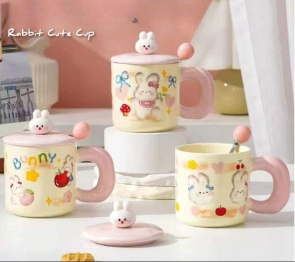 Kawaii 3D Bunny Ceramic Mug with Lid and Spoon