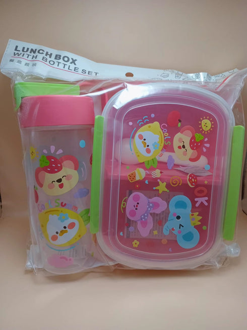 Cute Cartoon Bento Lunch Box with Matching Water Bottle Set | Leak-Proof Kids School Tiffin Box with Spoon