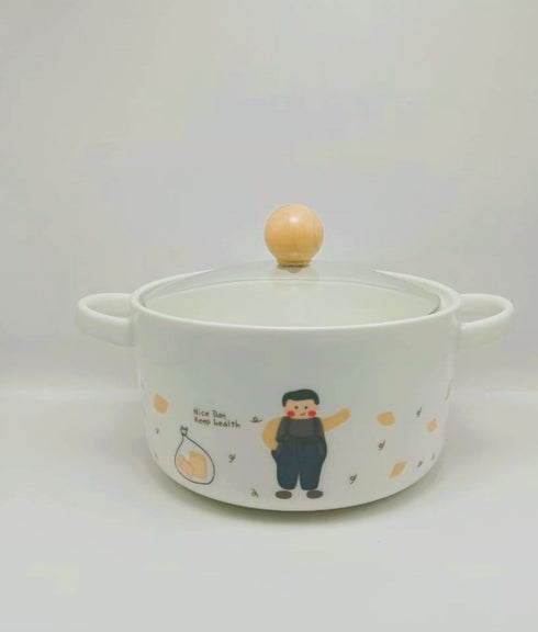 Kawaii Cartoon Ceramic Ramen Bowl with Glass Lid