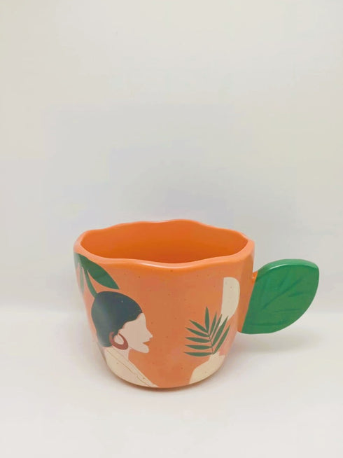 Artistic Ceramic "Lady Silhouette" Mug with Sculpted Leaf Handle
