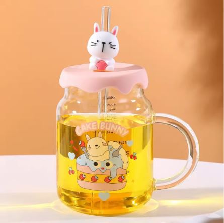 Cute Cartoon Animal Glass Mug with Silicone Lid & Straw | 600ml Borosilicate Glass Cup