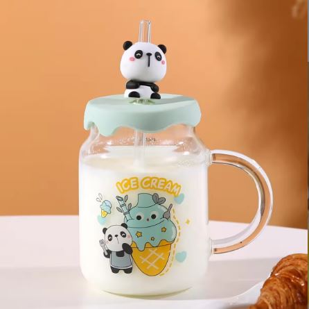 Cute Cartoon Animal Glass Mug with Silicone Lid & Straw | 600ml Borosilicate Glass Cup