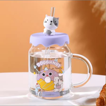 Cute Cartoon Animal Glass Mug with Silicone Lid & Straw | 600ml Borosilicate Glass Cup
