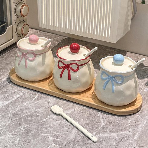 Ribbon Bow Ceramic Sugar Bowl with Spoon & Lid – Coquette Aesthetic Spice Jar