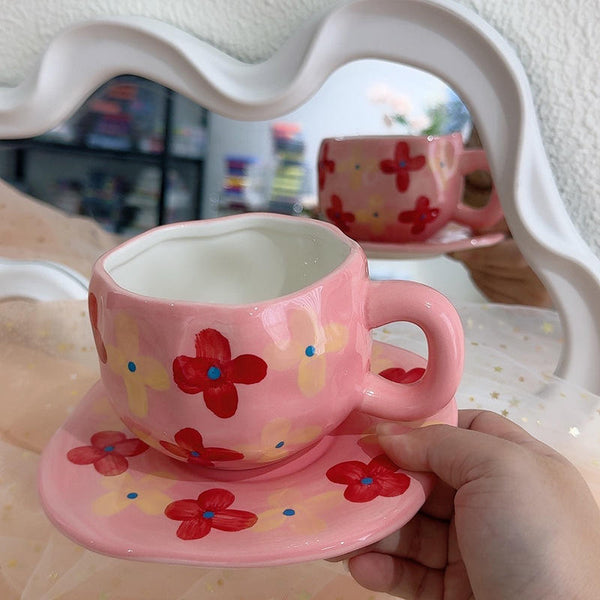Hand-Painted Irregular Flower Ceramic Coffee Mug and Saucer Set – Pink Floral Aesthetic Tea Cup