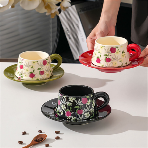 French Vintage Floral Ceramic Coffee Cup and Saucer Set