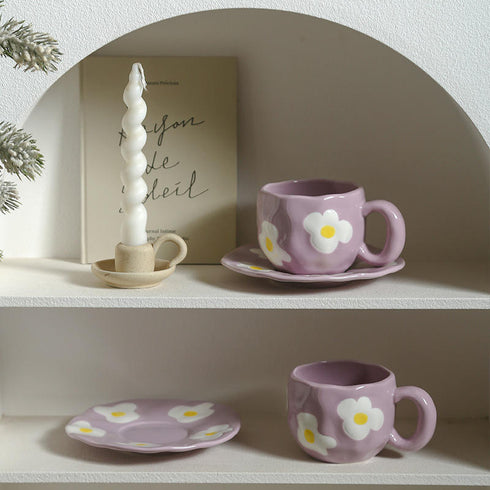 Flower Ceramic Mug with Matching Saucer – Purple Floral Tea Cup