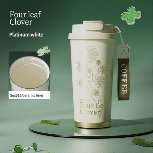 Four-Leaf Clover Insulated Coffee Tumbler – 500ml Stainless Steel Travel Mug with 2-Way Lid, Straw & Strap