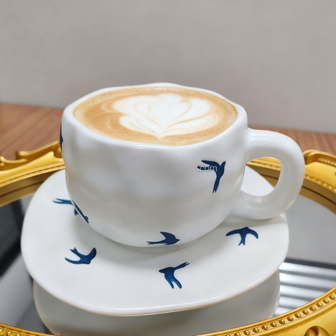 Japanese Style Ceramic Coffee Mug with Saucer – 300ml Handmade Bird Pattern Tea Cup Set