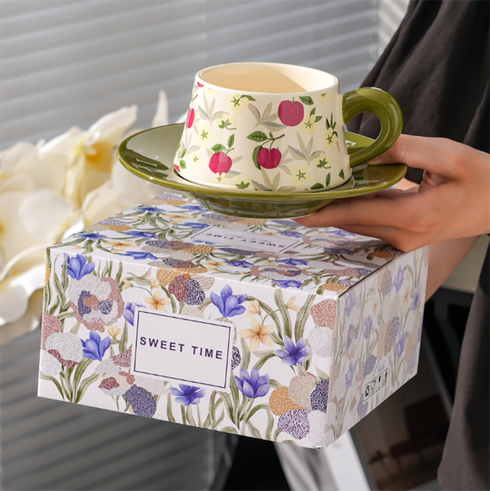 French Vintage Floral Ceramic Coffee Cup and Saucer Set