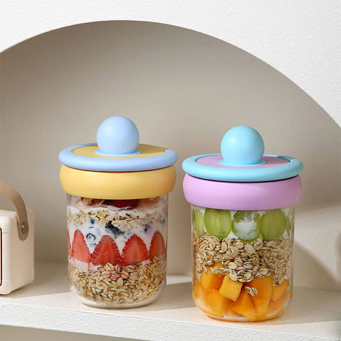 Portable Overnight Oats Jars with Spoon & Handle – 500ml Leakproof Glass Yogurt Parfait Cups
