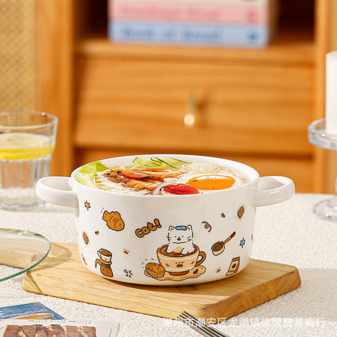 Kawaii Ceramic Cat Ramen Serving Bowl with Glass Lid & Double Handles