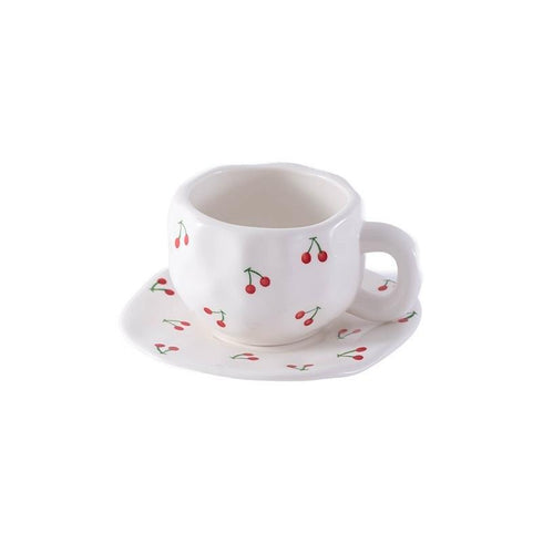 Cherry Pattern Ceramic Coffee Cup with Saucer