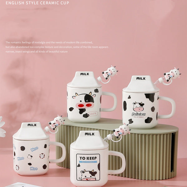 Modern 3D Cow Pattern Ceramic Mug with Lid and Glass Straw