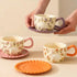3D Embossed Rabbit & Floral Ceramic Coffee Mug with Scalloped Saucer Set