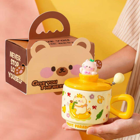 Fruit Paradise Kawaii Cat Ceramic Mug with Lid & Spoon