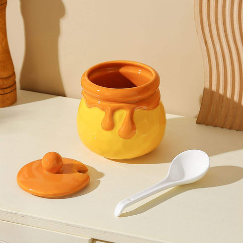 Honey Bear Drip Ceramic Jar - 700ml "Hunny" Pot Sugar Bowl with Lid & Spoon