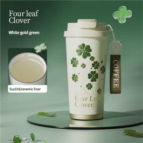 Four-Leaf Clover Insulated Coffee Tumbler – 500ml Stainless Steel Travel Mug with 2-Way Lid, Straw & Strap