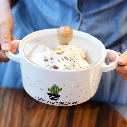"Stay Away From Me" Cactus Ceramic Ramen Bowl with Glass Lid