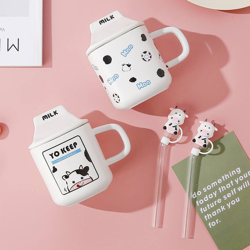 Modern 3D Cow Pattern Ceramic Mug with Lid and Glass Straw