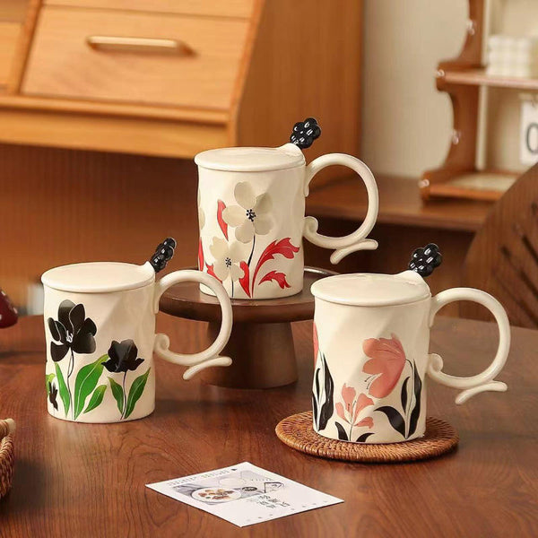 3D Relief Tulip Ceramic Mug Set with Lid and Floral Spoon – Vintage Handmade Coffee Cup
