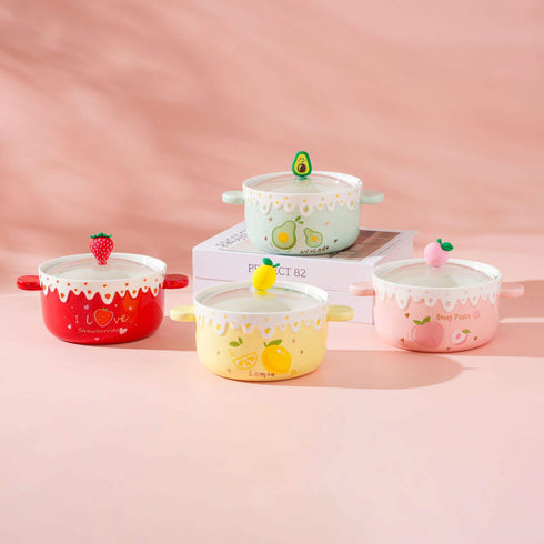 Kawaii Fruit Ceramic Ramen Bowl with Lid & Handles| 1000ml Soup & Noodle Pot