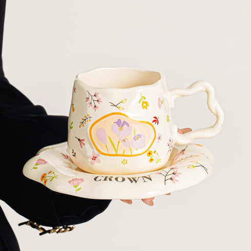 Aesthetic Floral Ceramic Mug & Saucer Set with Gold Spoon