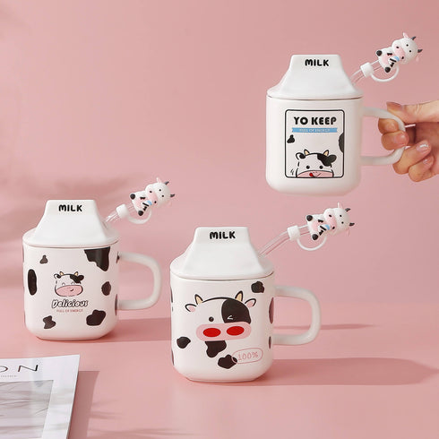 Modern 3D Cow Pattern Ceramic Mug with Lid and Glass Straw