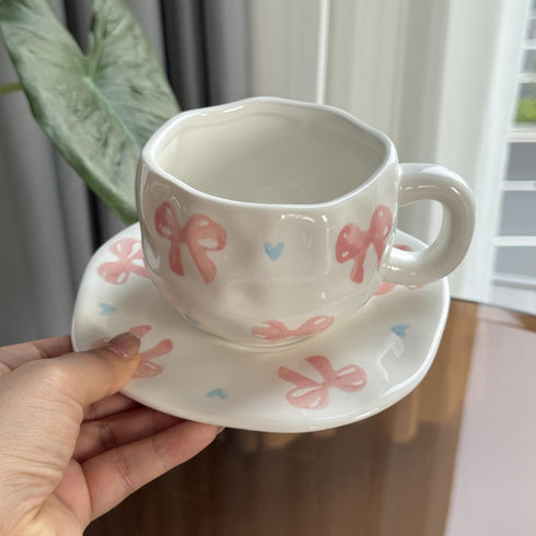 Cute Pink Bow Coffee Cup with Matching Saucer