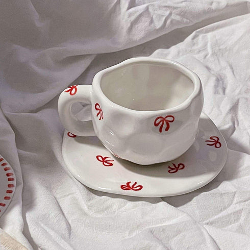 Red Bow Ribbon Ceramic Mug & Saucer