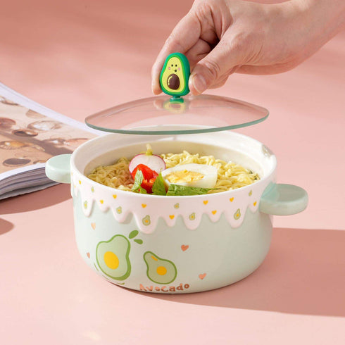 Kawaii Fruit Ceramic Ramen Bowl with Lid & Handles| 1000ml Soup & Noodle Pot