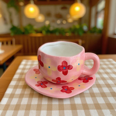 Hand-Painted Irregular Flower Ceramic Coffee Mug and Saucer Set – Pink Floral Aesthetic Tea Cup