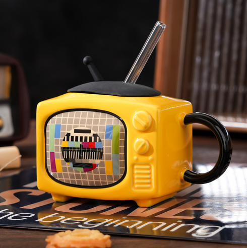 Retro 3D TV Ceramic Mug with Lid & Glass Straw
